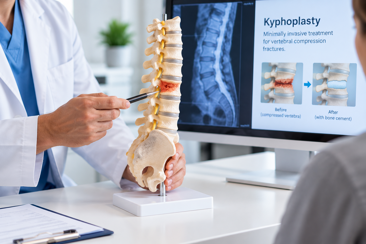 Spine model used to explain kyphoplasty