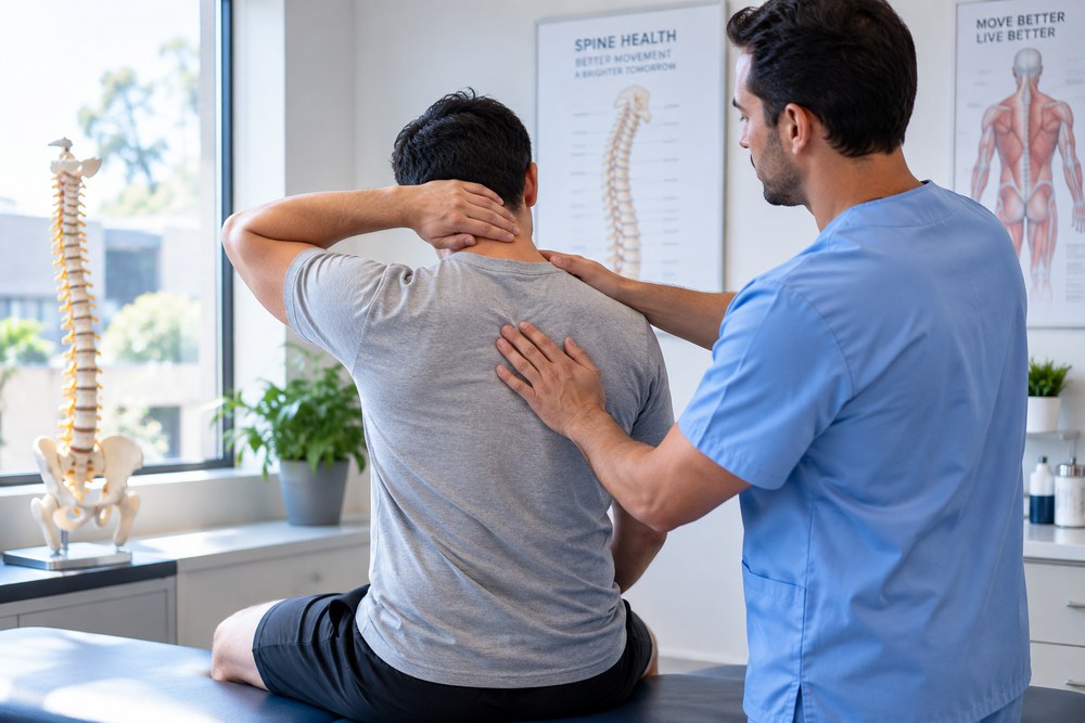 Illustrative neck and upper-back assessment, not a chiropractic manipulation
